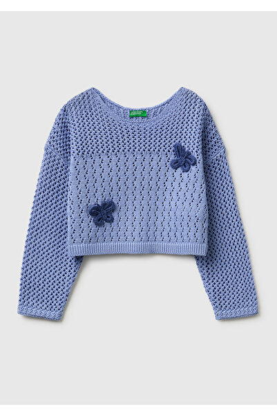 United Colors of Benetton Girl's Aviator Blue Crochet Butterfly Appliqué Deta...