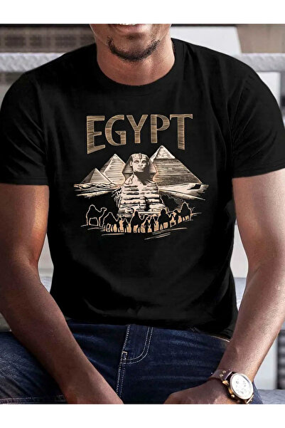 Sovae This men's printed T-shirt features the Egyptian Sphinx and pyramids.