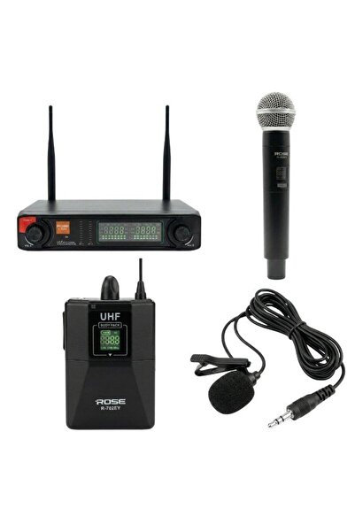 Rose R-702-EY UHF Kablosuz Telsiz El Yaka Mikrofon 2x48 Kanal