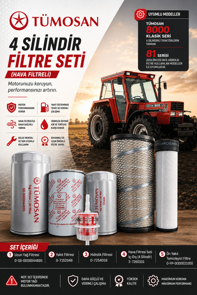 TÜMOSAN 4 Silindir Filtre Seti (Hava Filtreli) – Yağ, Yakıt, Hidrolik ve Hava...