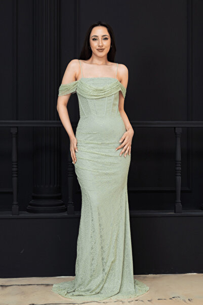 BEYBOS Stone Detailed Lace Evening Dress - Green