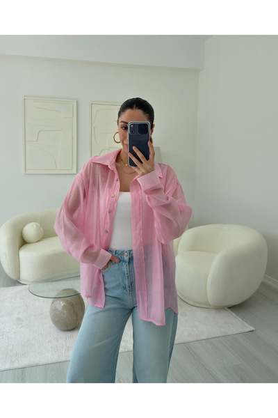 LUUNA STORE PEMBE İPEKSİ TRANSPARAN GÖMLEK