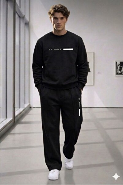 CAST COLLECTİON Men's Black Balance Summer Crew Neck Black Green Wide Leg Ove...