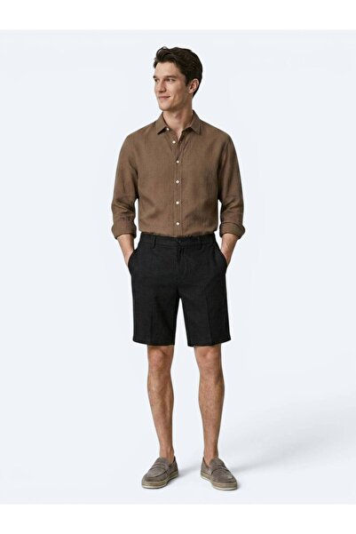 Kip Black Plain Woven Jogging Fit Casual Cotton Blend Bermuda Shorts
