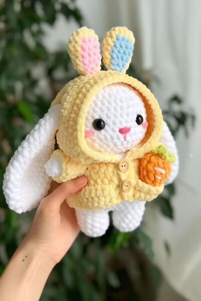 NEVAMATÖLYE El Örgüsü Kadife Amigurumi Tavşan Uyku Arkadaşı Kapüşonlu Peluş O...