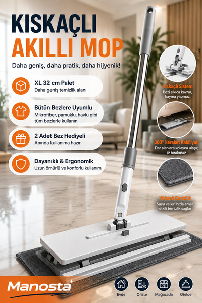 Manosta Tüm Bezlerle Uyumlu XL 32 cm Click Akıllı Mop Paleti Kıskaçlı El Değm...