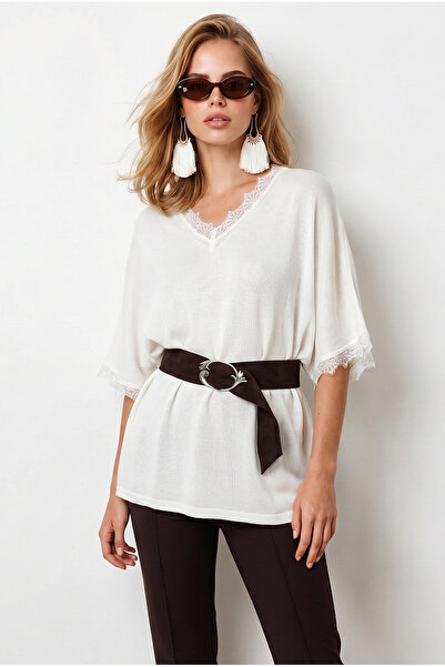 Olalook Women's Ecru V-Neck Flowy Summer Knitwear Blouse Blz-19003365