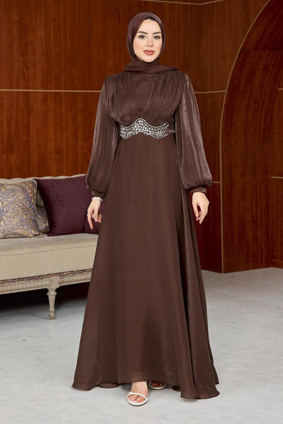 Abiye Diyarı Mosera Janjan Fabric Waist Belted Lined Hijab Evening Dress