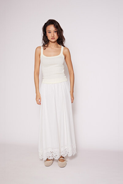 Nisan Fisto Detailed Elastic Waist Long Cotton Skirt Ecru