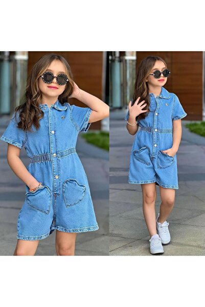 mira mini Love Kalp Nakışlı Kot Tulum