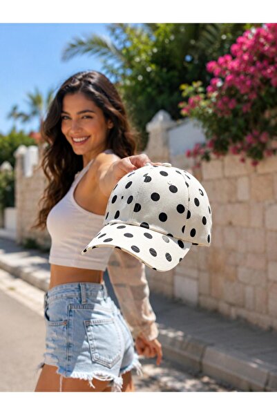 Wearflawless Kadın Beyaz Puantiyeli Şapka, Trend Puantiyeli Ayarlanabilir Şap...