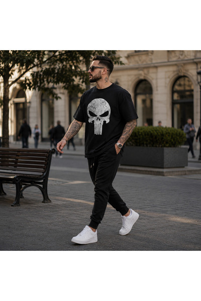 ELZE MODA A KALİTE PREMİUM Punisher Kuru Kafa Baskılı Oversize Siyah Erkek Ti...