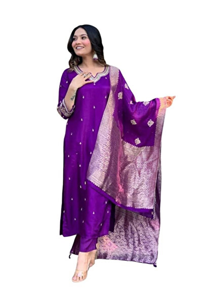 MYSMAR Purple Silk Kurta Set with Banarasi Dupatta - TRNF8154-Purple