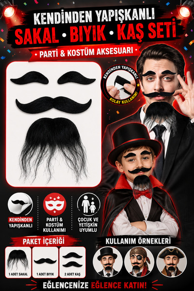 Tamsena Store Siyah Kendinden Yapışkanlı Takma Sakal Bıyık Kaş Seti Parti Kos...