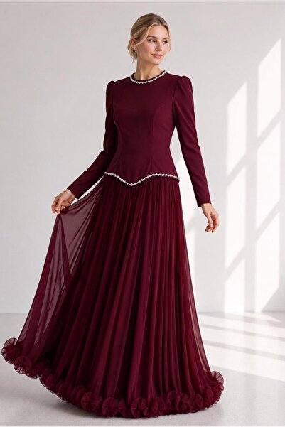 TRENDTESETTÜR KADIN BORDO TAŞ İŞLEMELİ SATEN ABİYE ELBİSE T 1784