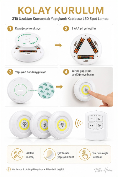 Tilbe Home 3lü Kumandalı Kablosuz Pilli LED Spot Lamba Zaman Ayarlı Dolap İçi Mutfak Tezgah Banyo Dolabı Işığı