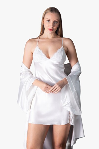 Lunoche Nightwear Saten Kadın Dantelli ve Sırt Detaylı Çeyizlik Ikili Gecelik...