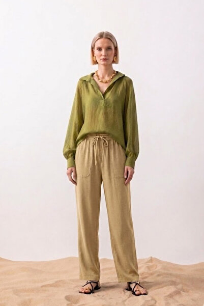 MATERIAL Women's Straight-Leg Double-Pocket Cream Linen Trousers