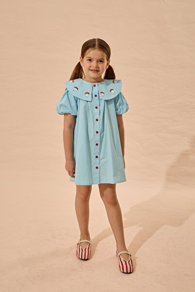 Fahhar Kids Mushroom Embroidered Dress Blue