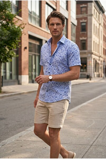Louis Fabel White and Navy Blue Micro Floral Patterned Short Sleeve Men's Shi...