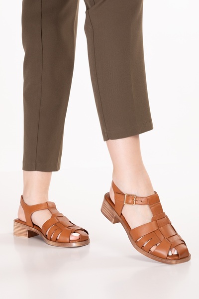 Gondol Women's Genuine Leather Short Heeled Daily Sandals Iz.10316 Tan