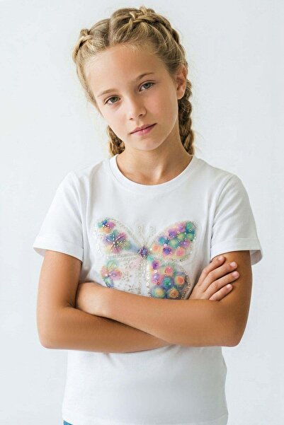 Breeze Tricou pentru fete, cu emblemă fluture, tul și paiete, 5-10 ani, Ecru