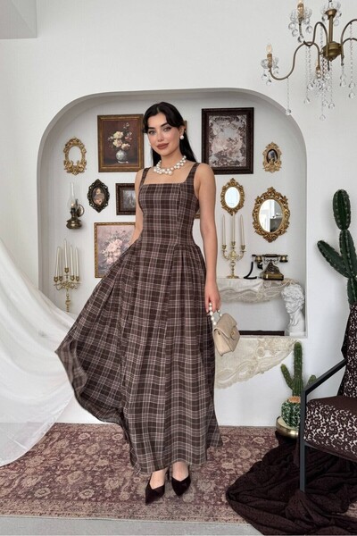 Caddebostan Moda Square Neck Plaid Pattern Midi Dress with Puffy Skirt Waist ...