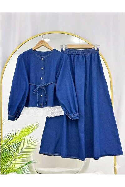 MODA VEDAT Women's Lace Detailed Skirted Denim Suit -0750