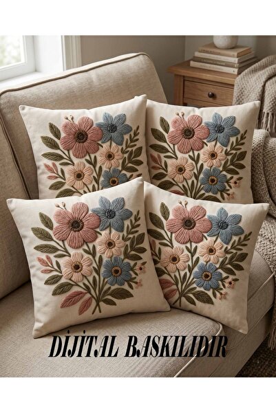menesahome Beige Background Pastel Floral Patterned Punch Embroidery Look Dig...