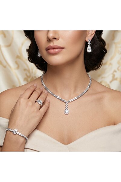ILAN Luxury Zircon Diamond Alternative 4-Piece Wedding Jewelry Set - Geometri...