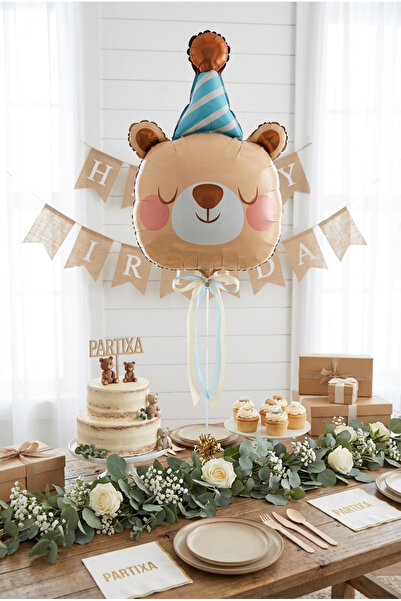 Partixa Şapkalı Safari Ayı Kafa Folyo Balon 76x48 cm Safari Temalı Çocuk Doğu...