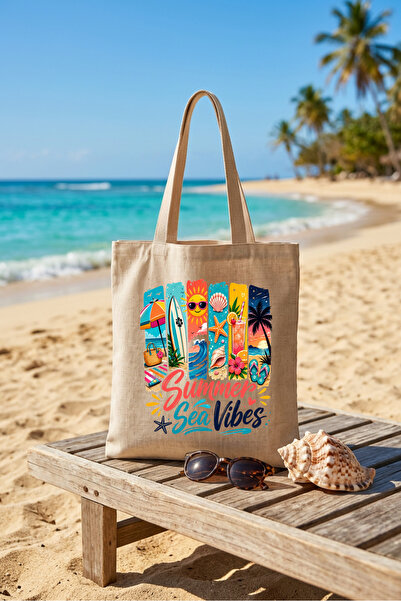 Windy Island Summer Sea Vibes / Geantă de umăr de plajă din material brut cu ...