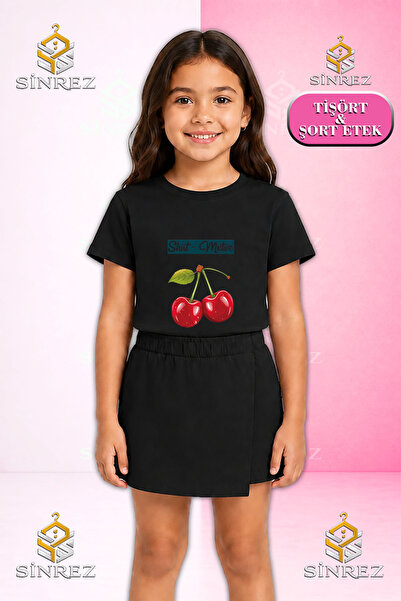 SİNREZ Kız Çocuk Takım KIRAZ SHIRT MOTIVE YAZILI Baskılı Kısa Kol Tişört Şort...