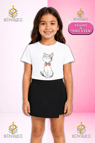 SİNREZ Set pentru fete KEDI BLACK PENCIL PINK Tricou cu mânecă scurtă imprima...
