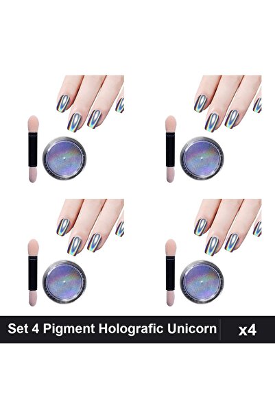 NAİLS Set 4 Pigment Holografic Unicorn, Manichiură Gel UV/LED, Efect Prismatic