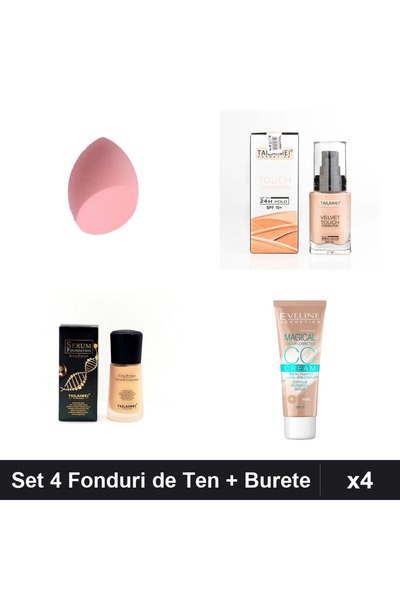 TLM Set 4 Fonduri de Ten + Burete, Velvet Touch SPF10, Serum SPF15, CCC Magic...