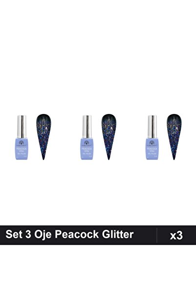 Makeup Set 3 Oje Semipermanente Peacock Glitter 8ml, Nuanță 07, Manichiură UV...