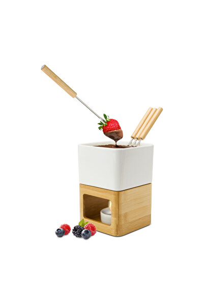 PROMİNOX Rominox Dolce chocolate fondue set, ceramic, bamboo, 4 forks, candle...