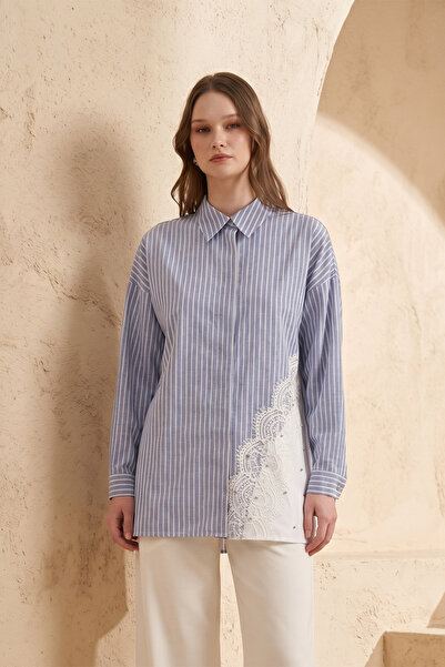 Nuss Buttoned Front Striped Lace and Stone Detail Shirt 3007 Blue