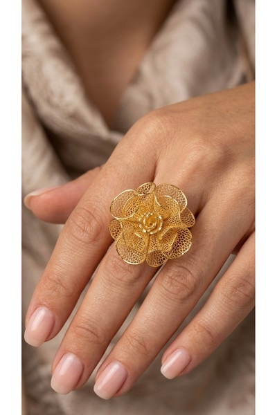 NYR Gold Silver El İşi Gül Filigran Yüzük | 3.5 cm Üç Boyutlu 925 Ayar Gümüş ...