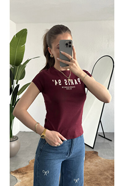 asfamoda Tricou crop pentru femei, roșu Claret Paris 94, cu imprimeu în stil ...