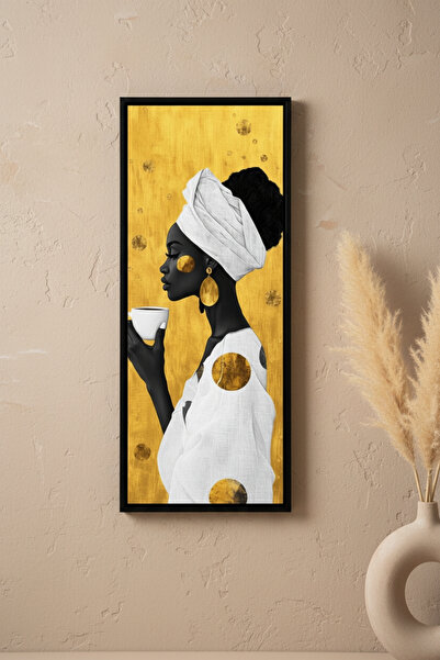 FourArts Afrikalı Kadın Kahve Temalı Dekoratif Duvar Tablosu 25x60 cm Siyah Ç...
