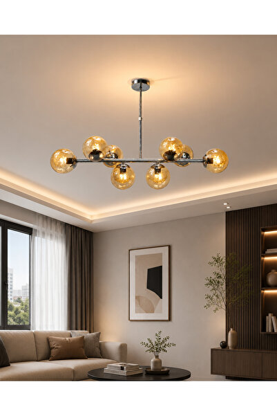 Led YENİ MODEL 100 CM 8 Lİ BAL CAMLI AVİZE KROM RENK İTHAL KASA