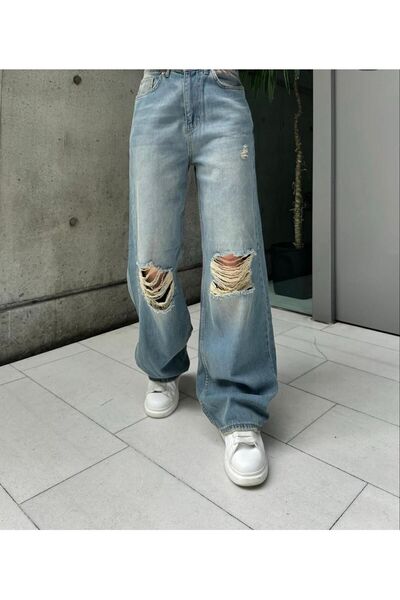 ARS Butik Light Blue Baggy Street Ripped Detailed Loose Jeans