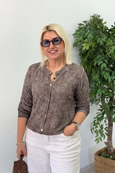 By Esra Celkan Mink Floral Openwork Buttoned Knitwear Cardigan