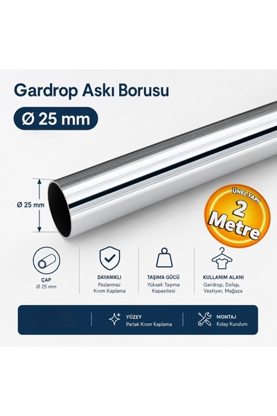 SER S2 Yuvarlak Krom Dolap Vestiyer Gardrop Askı Borusu 2 Metre