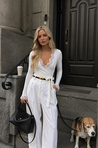 Asfaha Fashion بلوزة نسائية بياقة مزدوجة وتفاصيل دانتيل وربطة عنق