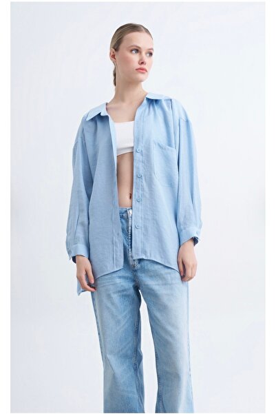 Fast Perry Kadın Bebe Mavi Düşük Omuz Casual Oversize Gömlek