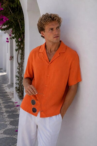 MADZEYMODA Men's Short Sleeve Muslin Shirt with Apaş Collar, Comfortable Fit,...