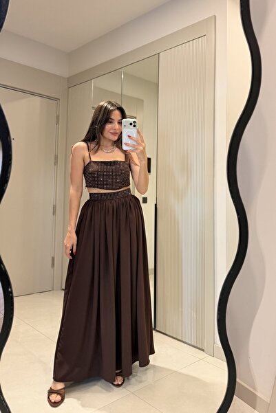 Gizem Ecemiş Pamela Kahve Taşlı Crop Etek Takım
